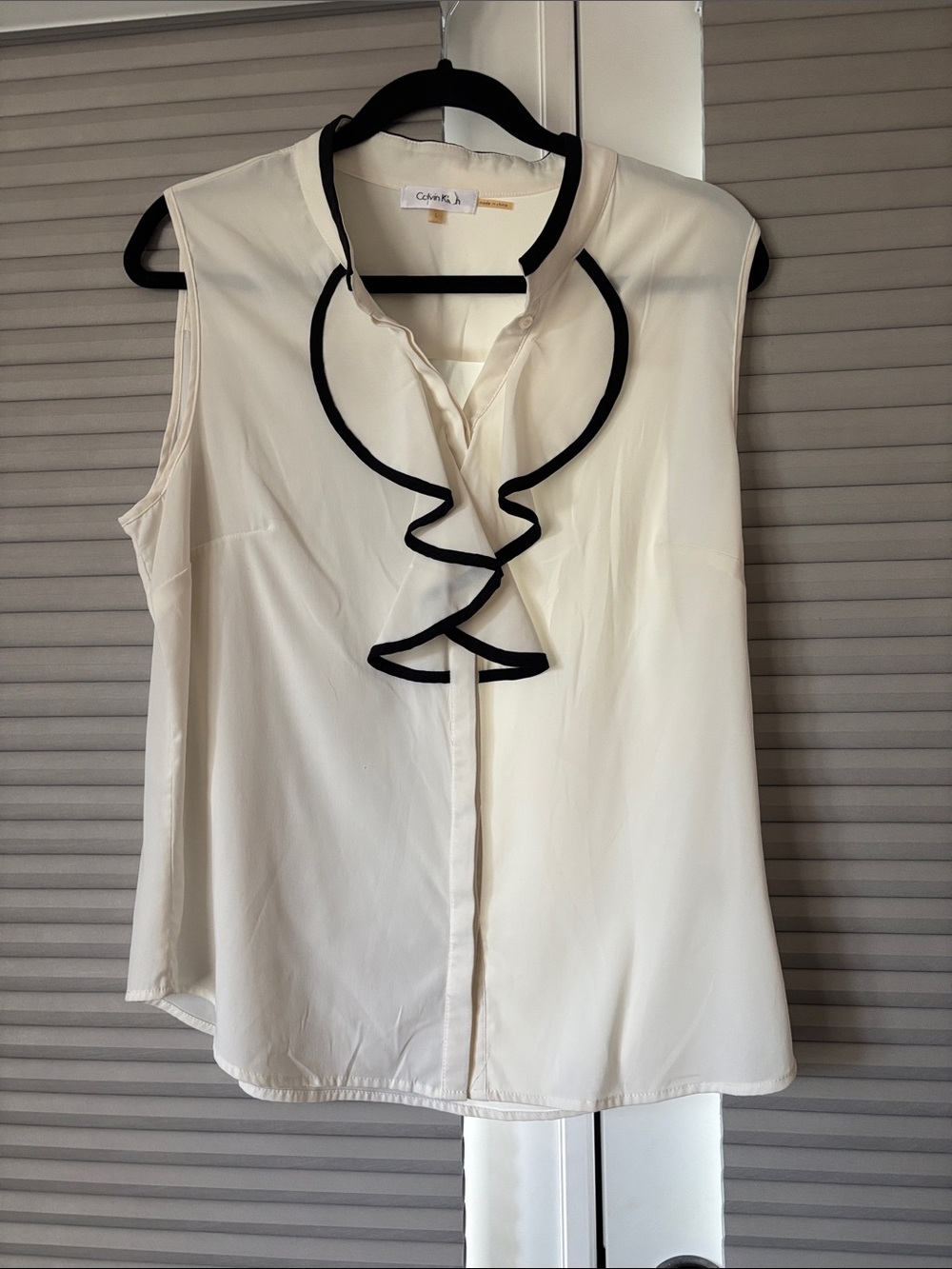Calvin Klein White Sleeveless Blouse with Black Ruffle Trim